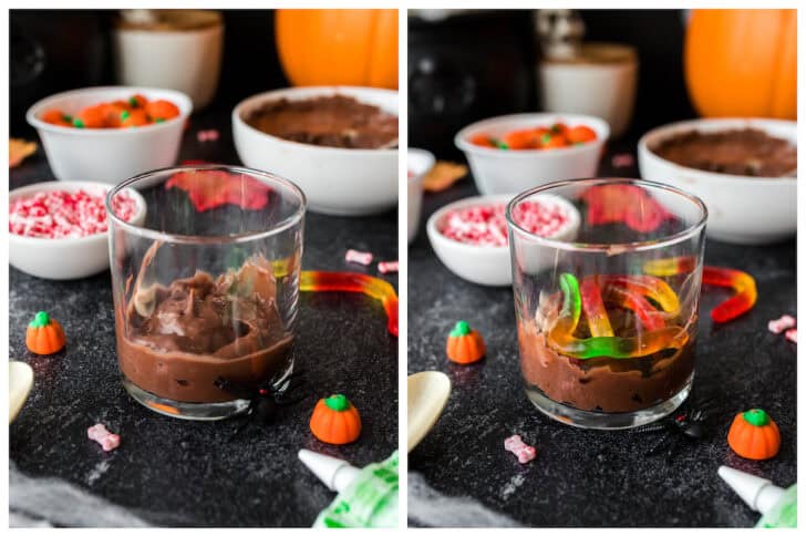 Two photos showing the process of layering a chocolate and candy dessert.