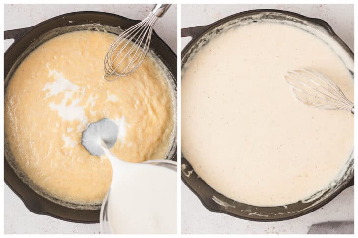 Before and after images showing milk being whisked into a roux in a cast iron skillet.