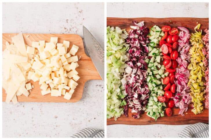 Two photos showing cheese and vegetables being chopped finely on wooden cutting boards.