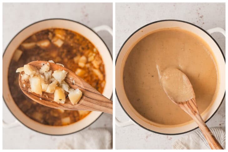 Two photos showing a pot of potato soup before and after blending it.