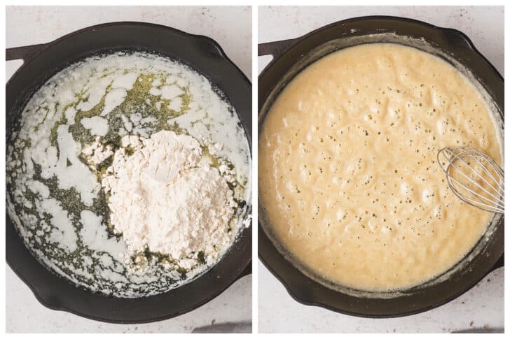 Before and after images showing a roux being stirred together in a cast iron skillet.