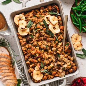 Apple sausage stuffing in a light baking dish.