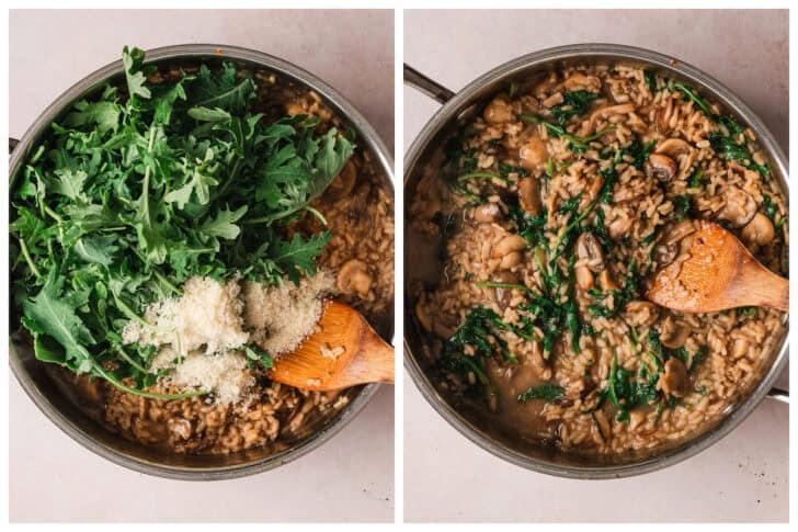 Two images showing kale and cheese being added to a rice dish in a skillet.