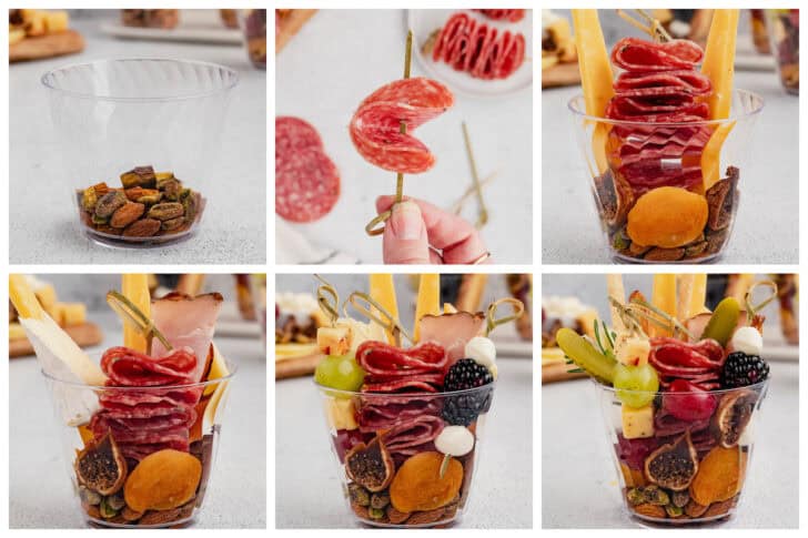 A six part photo showing the process of building a charcuterie cup.