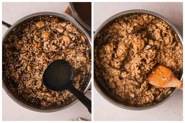 Two images showing broth being added to a rice skillet dish.