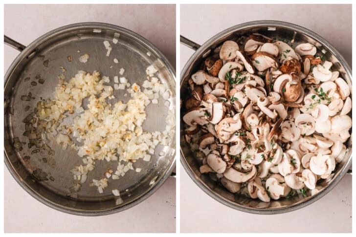 Two images showing onions being sauteed, then mushrooms being added to the skillet.