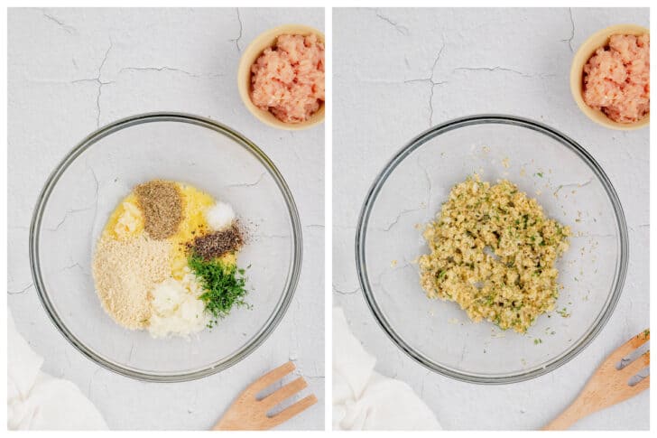 Before and after photos showing a breadcrumb and herb mixture being stirred together in a glass bowl.