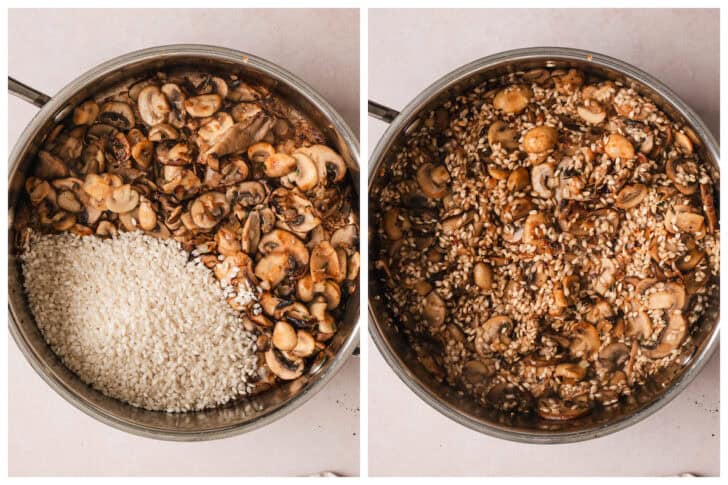 Two images showing rice being stirred in to sauteed mushrooms.