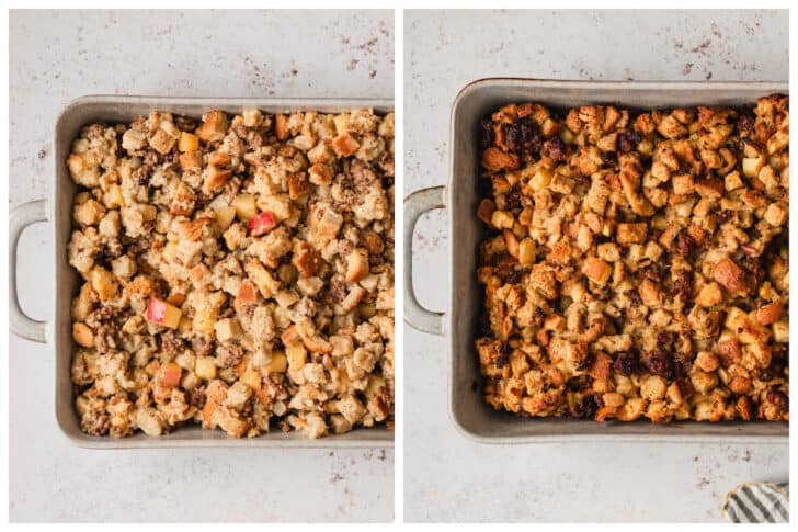 Two photos showing apple stuffing before and after baking.