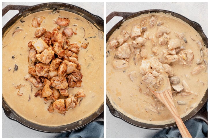 Two photos showing chicken being stirred into a creamy sauce in a skillet.