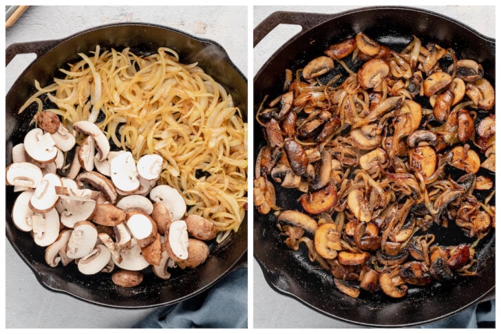 Two photos showing mushrooms and onions being browned in a cast iron skillet.