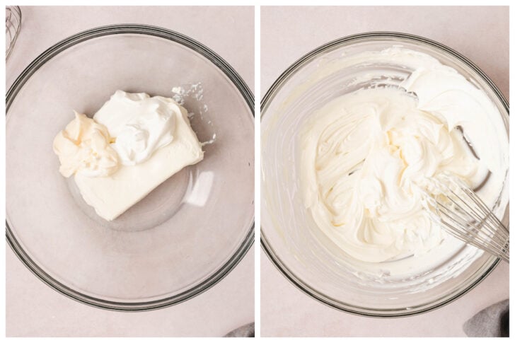 Before and after photos showing creamy ingredients being whisked in a glass bowl.