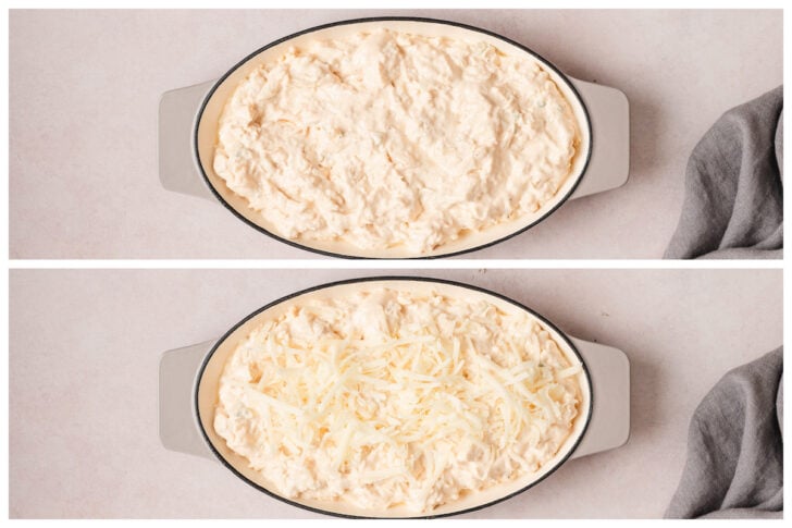 Two photos showing a rangoon dip recipe being covered with cheese in a baking dish.