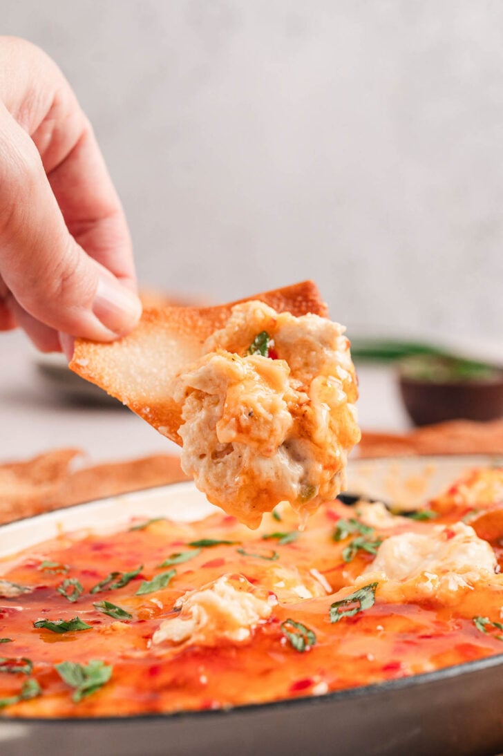 A hand using a wonton chip to dip into a crab rangoon dip recipe.