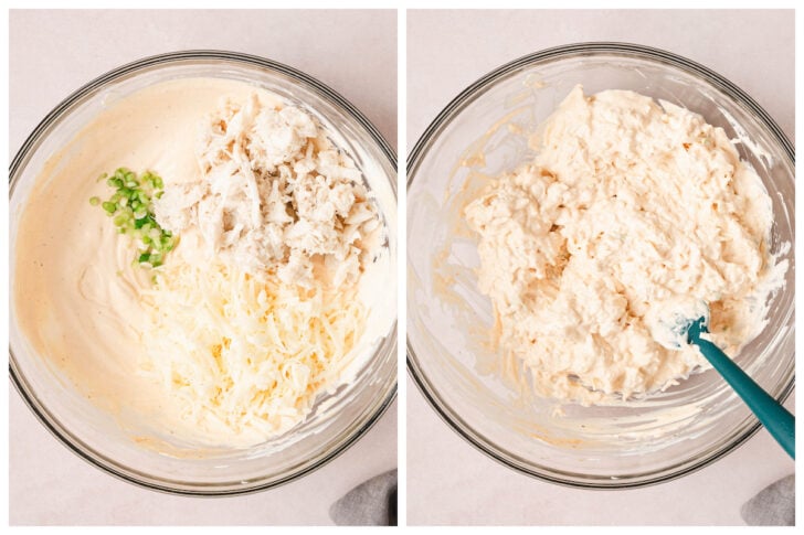 Before and after photos showing crab, cheese and onions being folded into a creamy mixture in a glass bowl.