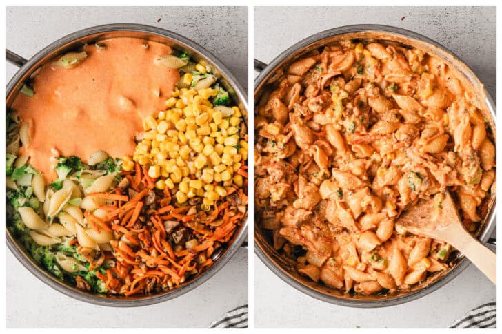 Two photos showing vegetables being stirred together with a creamy sauce and shells.