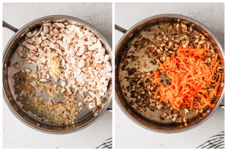 Two photos showing carrots and mushrooms being sauteed in a skillet.