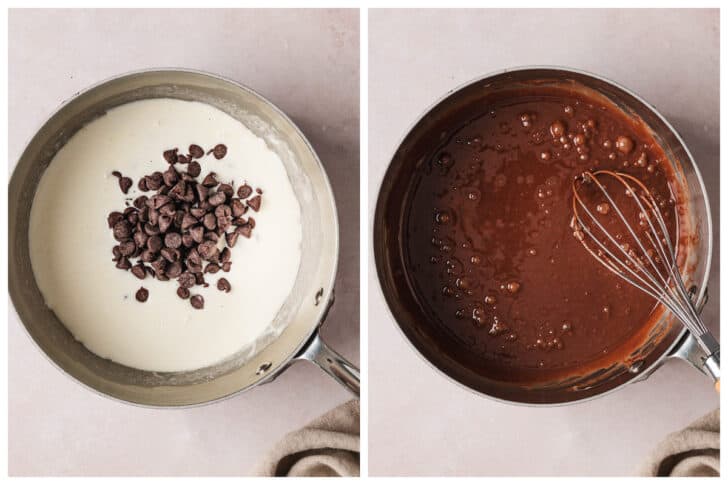 Before and after photos showing chocolate chips being melted into cream.