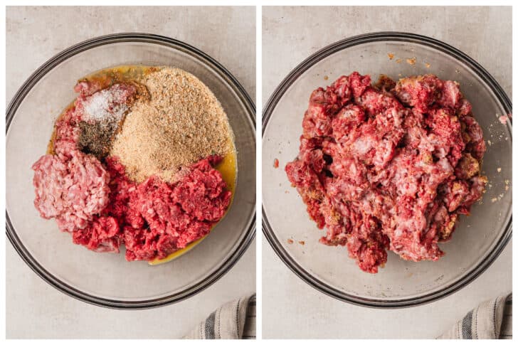 Before and after images showing a ground meat mixture being stirred together in a glass bowl.