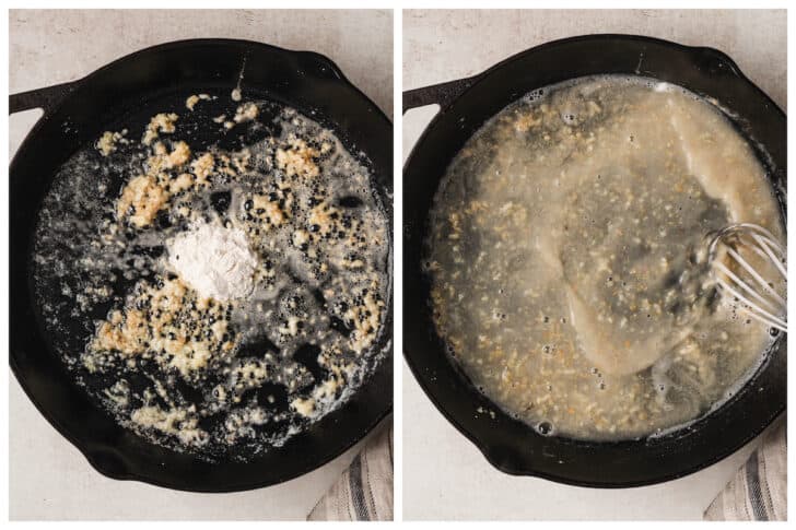 Before and after photos showing a sauce being stirred together in a cast iron skillet.