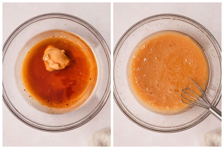 A before and after photo showing a brown mixture being whisked in a glass bowl.