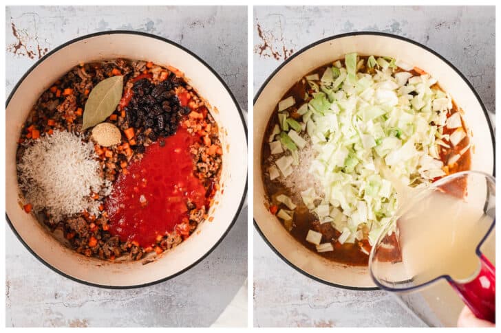 Before and after images of rice, tomato sauce, raisins, bay leaf , cabbage and broth being stirred into a ground meat mixture in a white Dutch oven.