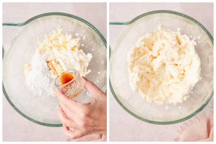 Two photos showing vanilla extract being added to and beaten into a soft cheese mixture in a glass bowl.