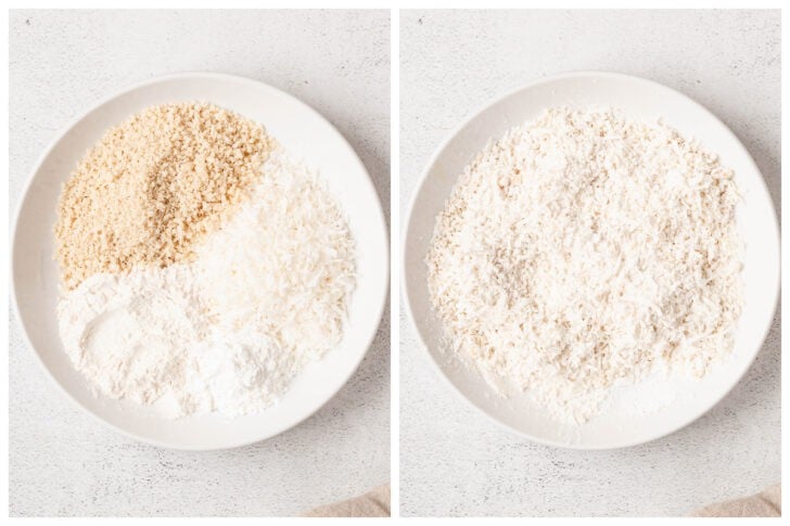 Before and after photos showing a breading mixture being stirred together in a white bowl.