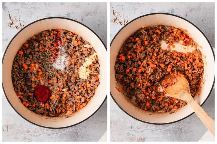 Before and after images of tomato paste and spices being stirred into a ground meat mixture in a white Dutch oven.