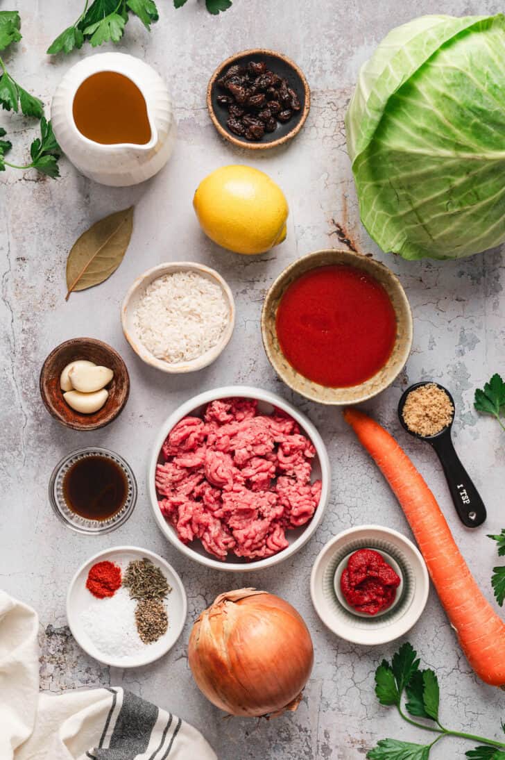 Ingredients on a textured gray surface, including ground meat, garlic, raisins, a head of cabbage, lemon, brown sugar, onion, carrot and herbs and spices.