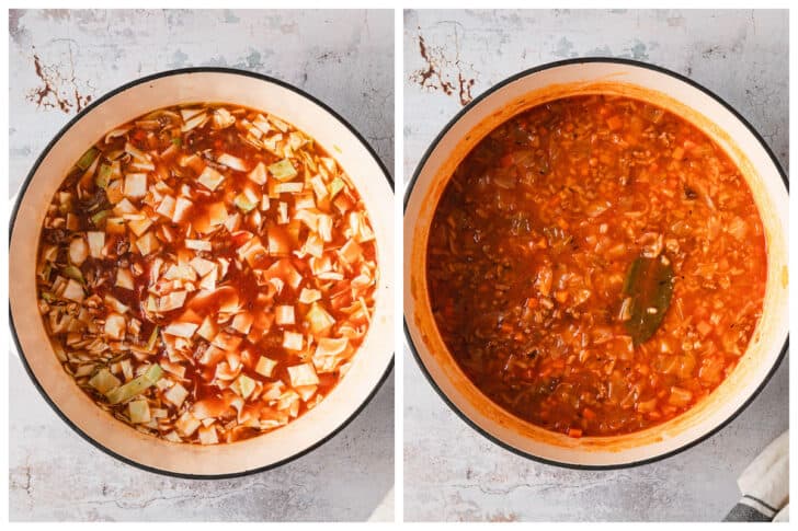 Before and after images of an unstuffed cabbage soup being simmered in a white Dutch oven.