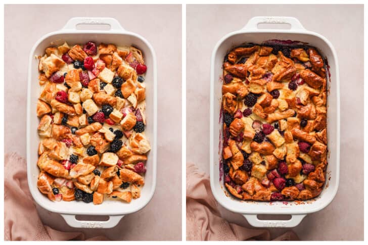 Two images showing a sweet breakfast casserole in a white baking dish, before and after baking.