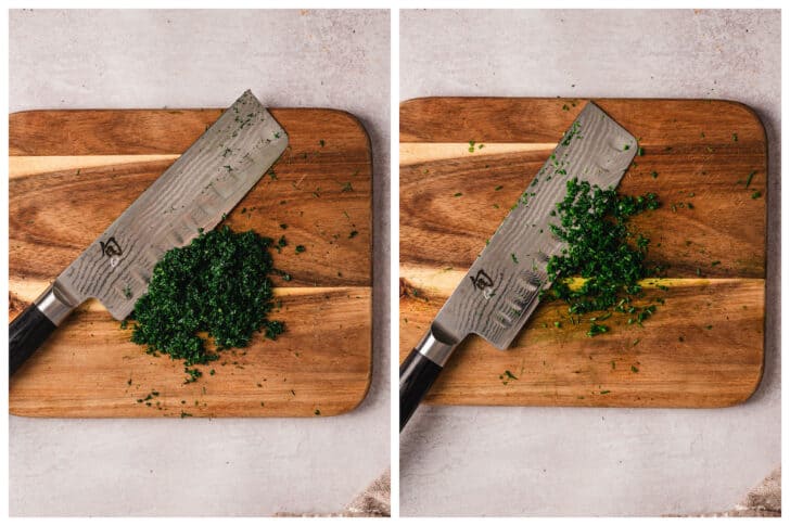 Two images showing herbs being very finely chopped on a wooden cutting board.