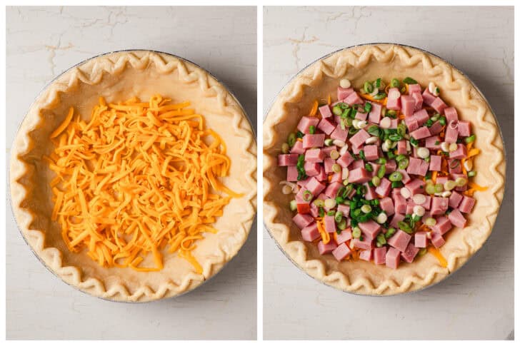 Two images showing the process of assembling a savory egg pie.