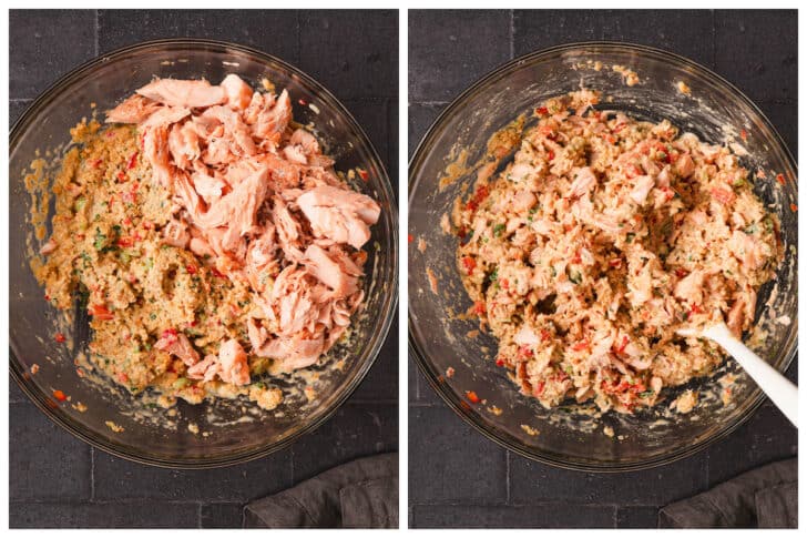 Before and after photos showing flaked fish being stirred into a breadcrumb mixture.