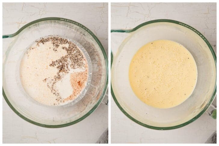 Before and after photos showing eggs and spices being whipped together in a glass mixing bowl.