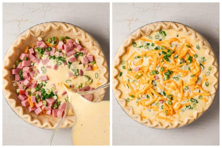 Two images showing the process of assembling a savory egg pie.