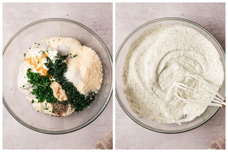 Before and after photos showing a dill dip recipe being whisked together in a glass bowl.