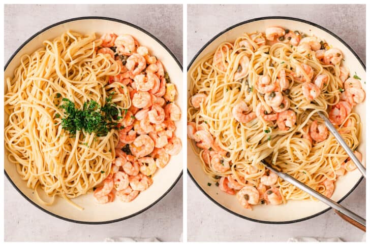 Before and after photos showing lemon caper pasta with shrimp being tossed together.