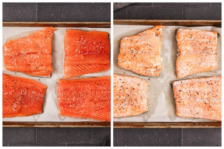 Before and after photos showing pink fish fillets being cooked.