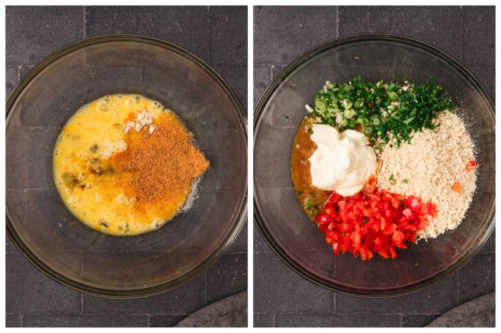 A series of two images showing a breadcrumb and egg mixture being added to a glass bowl.