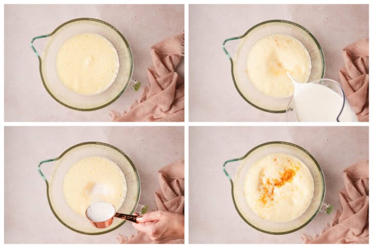 A series of four images showing the process of mixing together a custard.