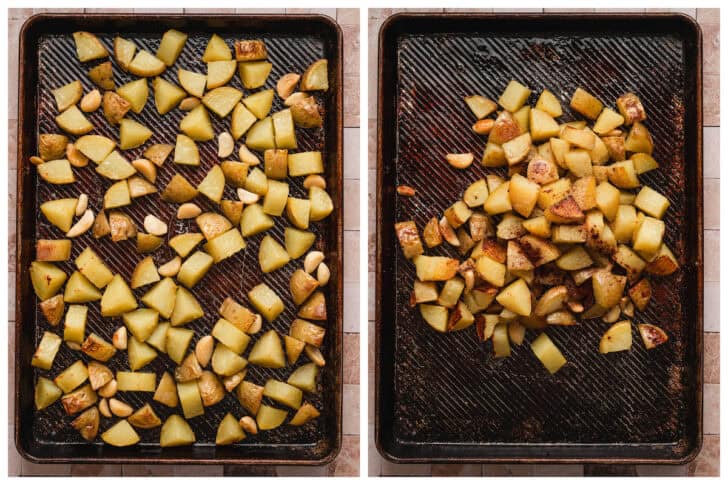 Two photos showing how to make the best breakfast potatoes recipe.