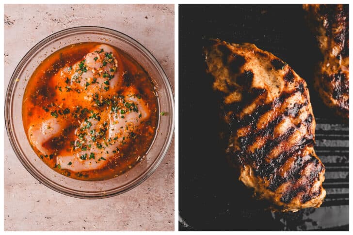 Two images showing chicken marinating in a glass bowl, and being grilled.