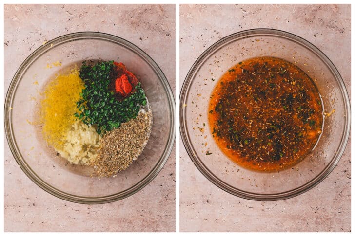 Two images showing herbs, spices and oil being stirred together in a glass bowl.