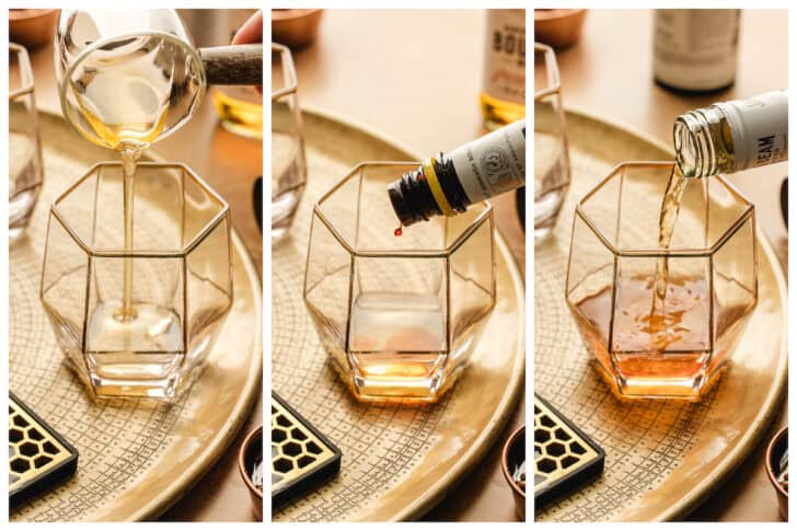 Three photos showing a cocktail being made in a hexagon-shaped glass.