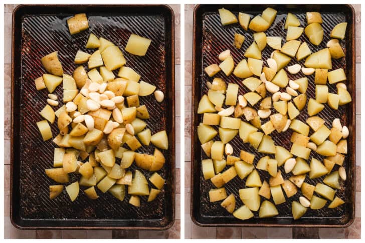 Two photos showing how to make breakfast potatoes.