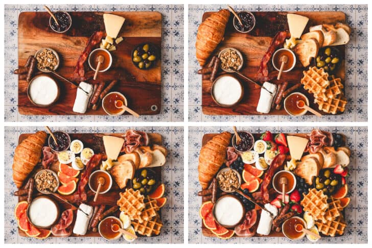 A four part photo showing the process of making a brunch charcuterie board.