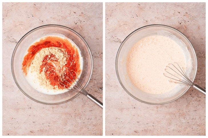 Two photos showing a chicken buttermilk marinade being whisked together.