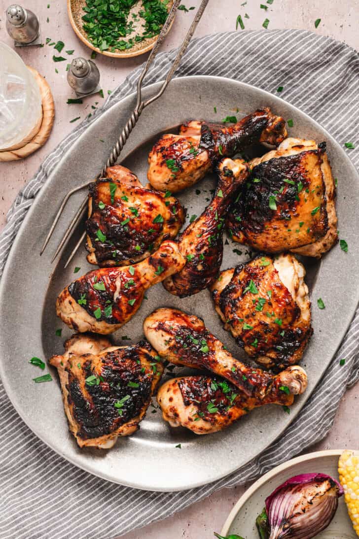 Buttermilk marinated chicken on a platter.